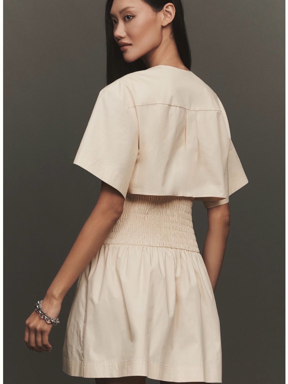 Anthropologie Cream Short-Sleeve Smocked-Waist Mini Dress - Picture 2 of 3